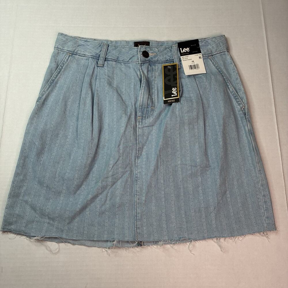 NWT Lee Heritage Pleated Denim Mini Skirt Mid Rise Raw Hem Striped Women Size 10